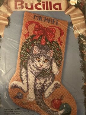 1993 Bucilla Christmas Kitty Needlepoint Stocking #60714 Cat 18” Open Package